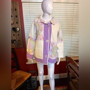Patchwork Quilted Chore Coat-Purple & Cream Vintage Quilt. Size See Measurements